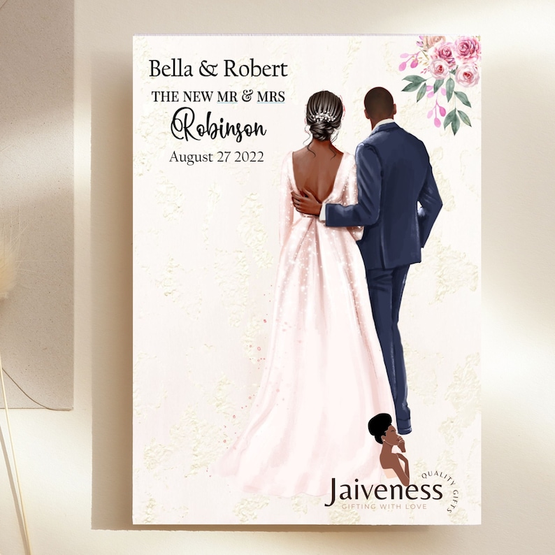 May include: A wedding announcement with a watercolor illustration of a Black couple in wedding attire. The text reads "Bella & Robert, The New Mr. & Mrs. Robinson, August 27, 2022".