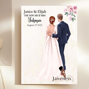 May include: A wedding illustration of a couple in a white dress and a blue suit, with a floral design in the background. The text reads "Janice & Elijah THE NEW MR & MRS Johnson August 27 2022".