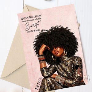 May include: A birthday greeting card with a pale pink textured background featuring an illustration of a person with voluminous dark curly hair wearing a gold and black patterned long-sleeve top and multiple bracelets. Text reads Happy Birthday to a woman who is Beautiful inside & out and the name KENYA.