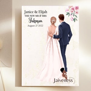 May include: A wedding illustration of a couple in a white dress and a blue suit, with a floral design in the background. The text reads "Janice & Elijah THE NEW MR & MRS Johnson August 27 2022".