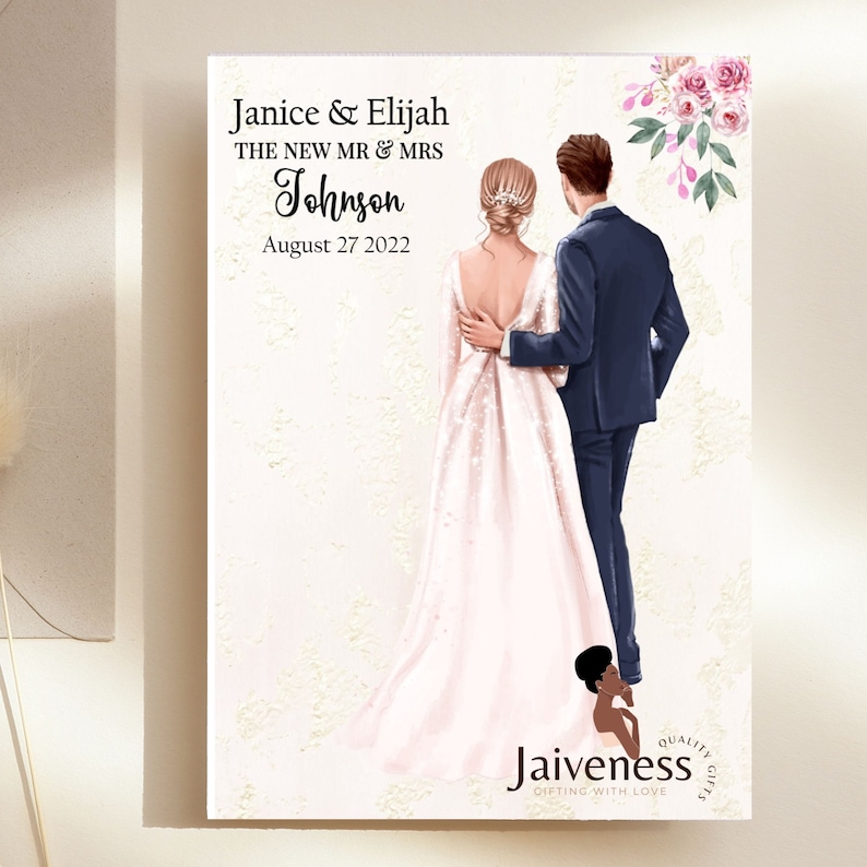 May include: A wedding illustration of a couple in a white dress and a blue suit, with a floral design in the background. The text reads "Janice & Elijah THE NEW MR & MRS Johnson August 27 2022".