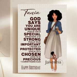 May include: A digital illustration of a woman with brown skin and long black hair wearing a denim jacket, a white skirt, and brown boots. The background is a light gray with a wavy pattern. The text on the image reads "Tania God Says You Are Unique Psalm 139:13 Special Ephesians 2:10 Strong Psalm 18:25 Important 1 Peter 2:9 Protected Psalm 121:3 Chosen John 15:16 Precious 1 Corinthians 6:20 Happy Birthday".