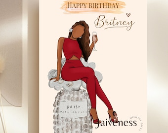 Puede incluir: Tarjeta de cumpleaños con una ilustración de una persona con un atuendo rojo, sosteniendo una copa de champán y sentada en un frasco de perfume. La tarjeta dice "Happy Birthday Britney" con el frasco de perfume etiquetado "Daisy Marc Jacobs".