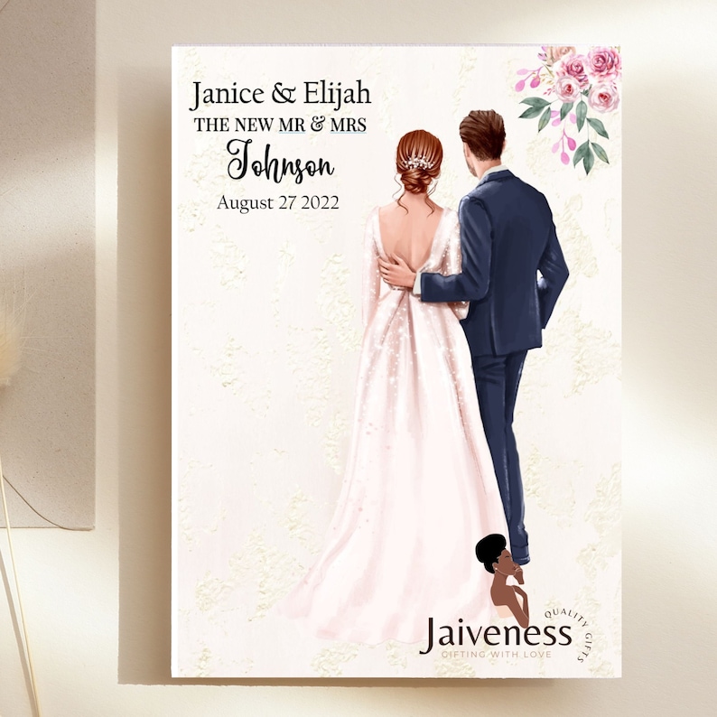 May include: A wedding illustration of a couple in a white dress and a blue suit, with the text "Janice & Elijah THE NEW MR & MRS Johnson August 27 2022" and the logo "Jaiveness GIFTING WITH LOVE" at the bottom.