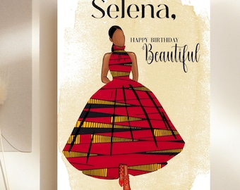 May include: A birthday card with a red, yellow, and black patterned dress, the name "Selena" and the text "Happy Birthday Beautiful".