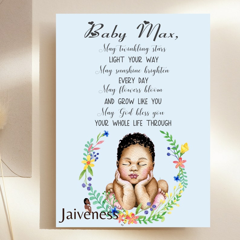 Puede incluir: Un fondo azul claro con una ilustraci&oacute;n de acuarela de un beb&eacute; durmiendo con una corona de flores a su alrededor. El texto dice "Baby Max, May twinkling stars light your way May sunshine brighten every day May flowers bloom and grow like you May God bless you your whole life through Jaiveness".