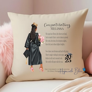 May include: Beige throw pillow with a graduation theme. It features an illustration of a graduate in a black gown and a gold crown, holding a bouquet and a graduation cap. Text includes "Congratulations MELISSA" and a poem.