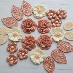 Flores y hojas de oro rosa, adornos para cupcakes de fondant, decoraciones para bodas y cumpleaños.