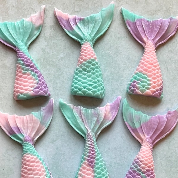 6 fondant pastel rainbow mermaid tail cupcake/cake toppers decorations party beach edible