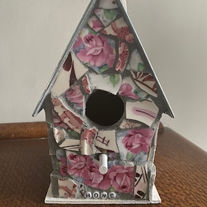 One of a Kind Pink and White Mosaic Birdhouse