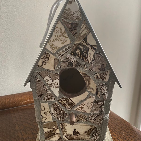 Brown Transferware Mosaic Birdhouse