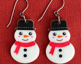 Snowman Earrings, Christmas Earrings, Acrylic Earrings, Laser Cut Jewelry