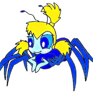 May include: A cartoon illustration of a spider character with a light blue face, large blue eyes, and bright yellow hair styled in a ponytail. The spider has a dark blue body and eight long, dark blue legs, with small antennae on its head.