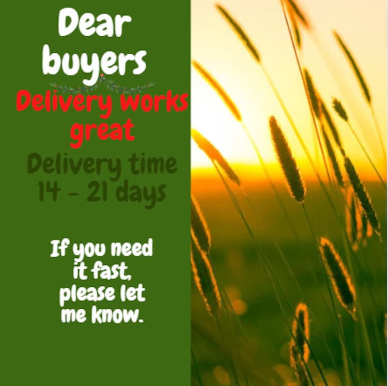 May include: A green background with white text that reads "Dear buyers Delivery works great Delivery time 14-21 days If you need it fast, please let me know." The background is a blurry image of tall grass with a sunset in the background.