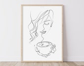 Poster Coffee Lover, Line Art Coffee, Mural Coffee, Woman with Coffee, Decoration Coffee Kitchen, Wall Decoration for the Kitchen, Premium Print