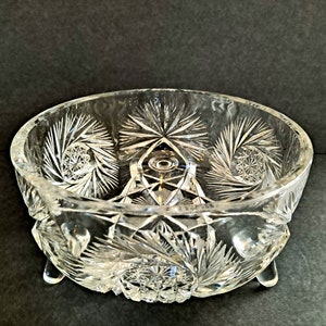 American Brilliant Period Cut Glass, Ferner 3 Footed 7.75&quot; Bowl, MCM, Vintage, Crystal Bowl
