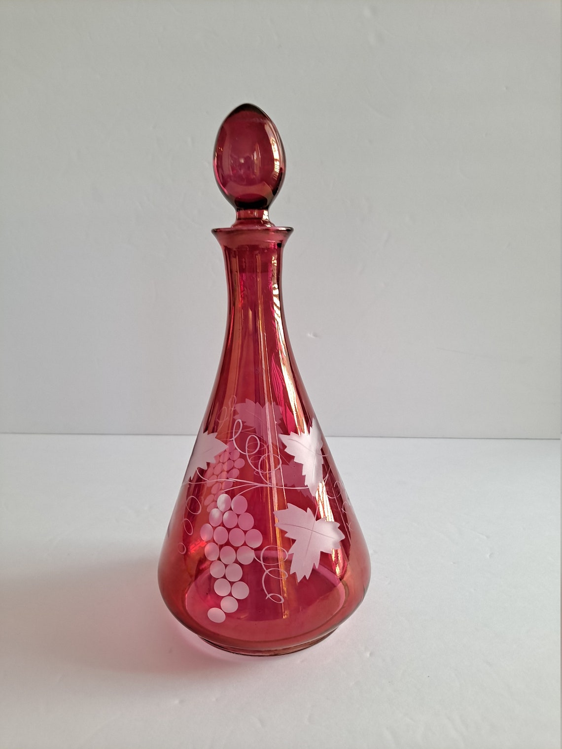 MCM Ruby Red Etched Glass Decanter with Etched Grapes Etsy