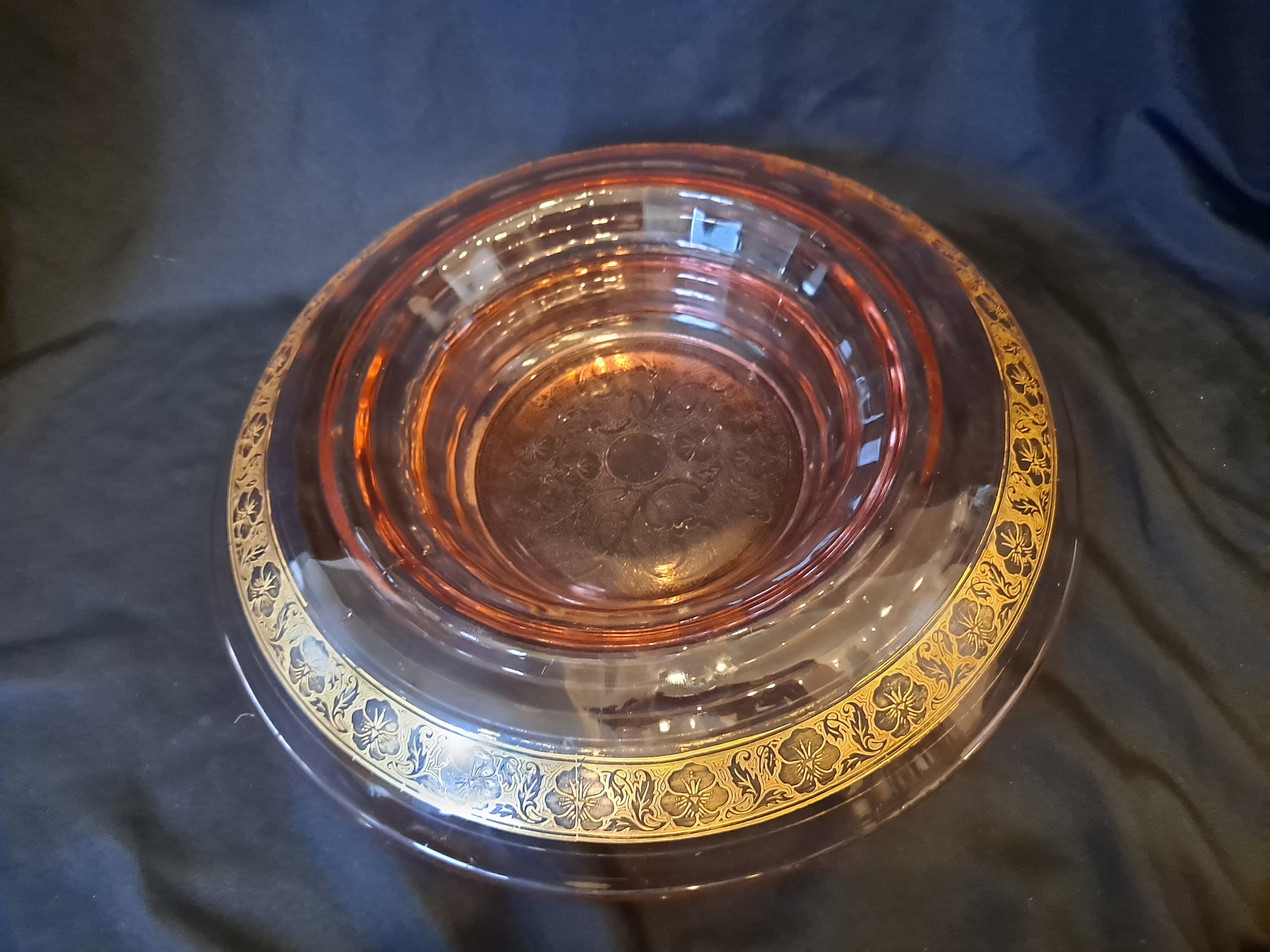 Vintage Pink Depression Glass Console Bowl With Gold Trim, Retro, Mcm