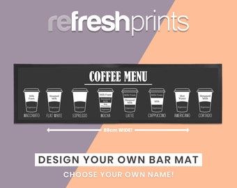 Personalised Large Coffee Menu Bar Runner (Black)- /Home Coffee shop / Coffee / Home Bar / Rubber Bar Mat / Bar accessories / Coffee Mat