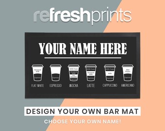 Personalised Coffee Menu Bar Runner (Black)- /Home Coffee shop / Coffee / Home Bar / Rubber Bar Mat / Bar accessories / Barware / Coffee Mat