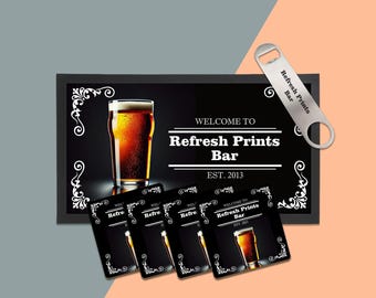 Personalised Home Bar Gift Set - Unique Bar Runner / Man cave /  Custom / Coaster / Bottle Opener / Barmat / Bar accessories/ Bar equipment
