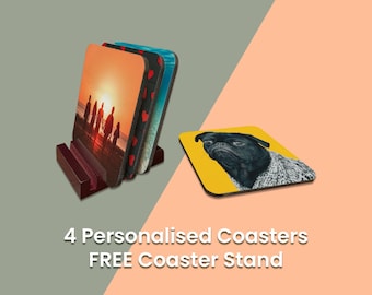 Custom Coaster Gift Set - FREE Coaster stand - 4x coasters & stand, Perfect gift for any occasion, Customise with photos, Logos. Cork backed