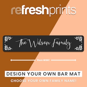 Slim Personalised Bar Runner Family - Small Bar Runner / Man cave gift / Home Bar /Thin Bar Mat/Bar accessories/Barware/bar accessory/Barmat