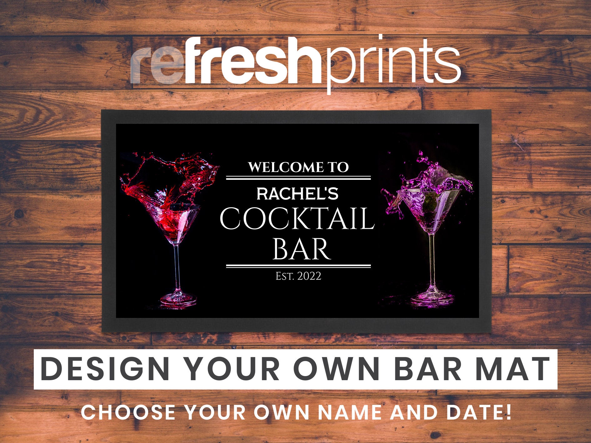 Personalised bar runner mat - Welcome Cocktail Glass - home bar