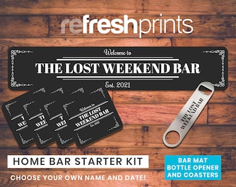 Custom Home Bar Kit - Unique Bar Runner, Set of 4xCustom Coasters, Bottle Opener and Bar Mat - Ideal Man Cave Gift - Essential Barware