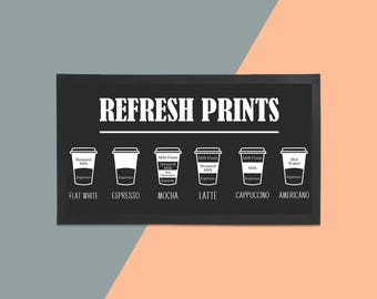 May include: Black and white illustration of six different coffee drinks, including flat white, espresso, mocha, latte, cappuccino, and americano. The illustration shows the different layers of each drink, such as steamed milk, milk foam, and espresso. The text "REFRESH PRINTS" is at the top of the illustration.