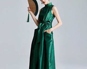 Traditional Chinese Cheongsam Dress | Sleeveless Green Modern Qipao | Tea Ceremony | Gifts for Her