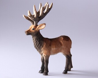 Handmade reindeer wood carving decorations. Lovely animal wood sculpture. Reindeer wooden doll. Gifts for animal lovers