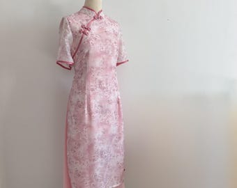 Custom Pink Floral Cheongsam Dress: Handmade Qipao