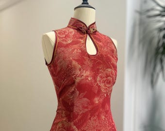 Vestido cheongsam rojo vintage hecho a mano y personalizado / Vestido de novia chino / Elegante vestido de graduación / Vestido qipao para ceremonia del té / Vestido de noche