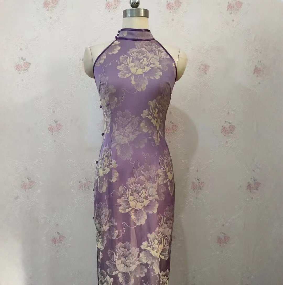 Custom Tailored Purple Cheongsam Dress | Satin Jacquard Modern Qipao | Tea Ceremony | Elegant Prom Dress | Gift for Her