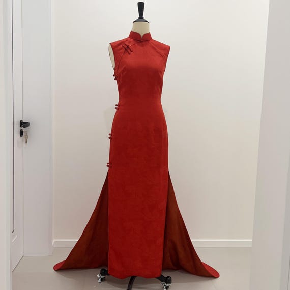 red silk chinese dress Red Cheongsam Dress, Chinese Wedding Qipao, Floral Jacquard