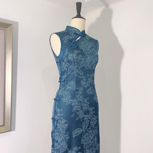 Custom Blue Floral Cheongsam Dress: Handmade Qipao