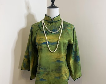 Customized 1920s Chinese Cheongsam Top | Women&#39;s Tang suit | Green Modern Qipao Blouse | Bridesmaid Dresses | Tea Ceremony | Gift for Her