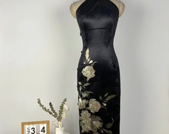 Handmade Custom Vintage China Cheongsam | Black Velvet Long Dress | Evening Dress | Prom dress | Tea Ceremony Qipao Dress | Sleeveless Dress