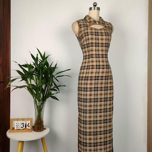 Custom Vintage Brown Plaid Cheongsam Dress | Chinese Wedding Dress | Prom Dress | Tea Ceremony Qipao Dress | Cocktail Dress | Gift for Her