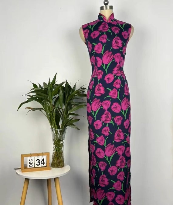 open lace back dress Trumpet Sleeve Cheongsam Top Chinese Prom Dress with Sequins Edge Navy / 6XL