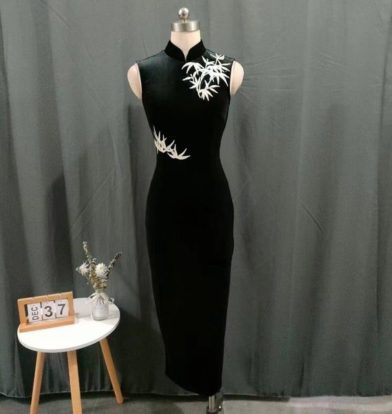 Handmade Custom Sleeveless Cheongsam Dress | Black Velvet Gown | Evening Dress | Elegant Prom Dress | Tea Ceremony Qipao Dress |Gift for Her