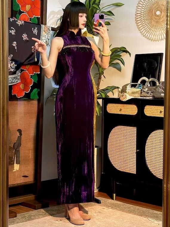 purple velvet wedding dress Purple long sleeve velvet dress
