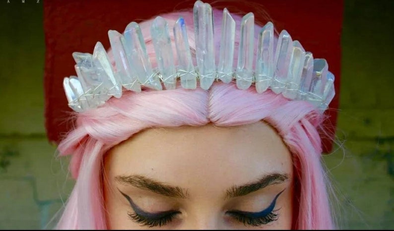 Silvery Wire Wrapped Smooth White AB Aura Quartz Point Crystal Crown Tiara Diadem Headband Women Crystal Crown Wiccan Crown