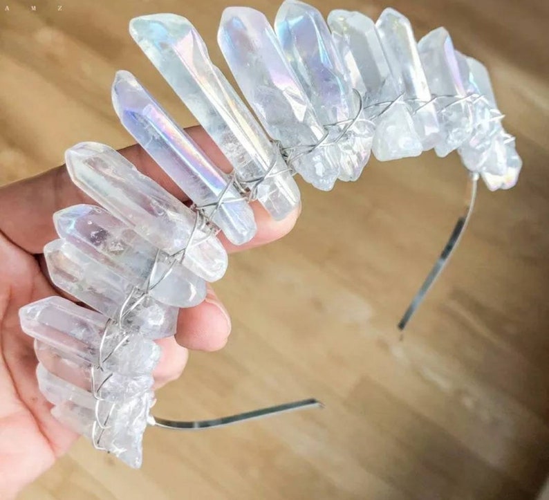 Silvery Wire Wrapped Smooth White AB Aura Quartz Point Crystal Crown Tiara Diadem Headband Women Crystal Crown Wiccan Crown