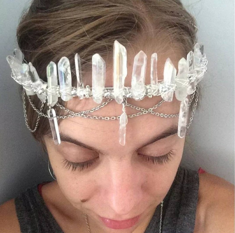 Silvery Wire Wrapped Smooth White AB Aura Quartz Point Crystal Crown Tiara Diadem Headband Women Crystal Crown Wiccan Crown