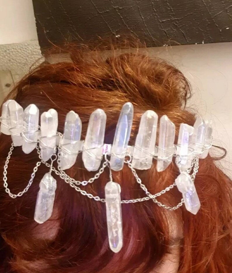Silvery Wire Wrapped Smooth White AB Aura Quartz Point Crystal Crown Tiara Diadem Headband Women Crystal Crown Wiccan Crown