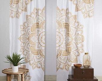 Golden Lotus Ombre Cutains,Antique Decor Window Treatment Hippie Door Panel Boho
