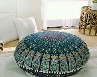 Hippie Green Star Mandala Round Floor Pillow Indian Cushion Cover Handmade Pouffe Ottomans Cushion Floor Pillow Ethnic Bedroom Decorative