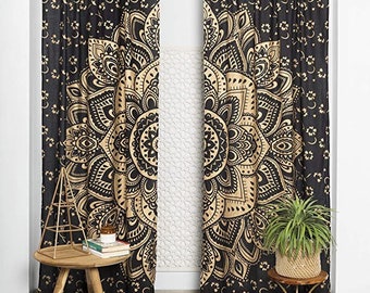 Golden Lotus Ombre Cutains,Antique Decor Window Treatment Hippie Door Panel Boho